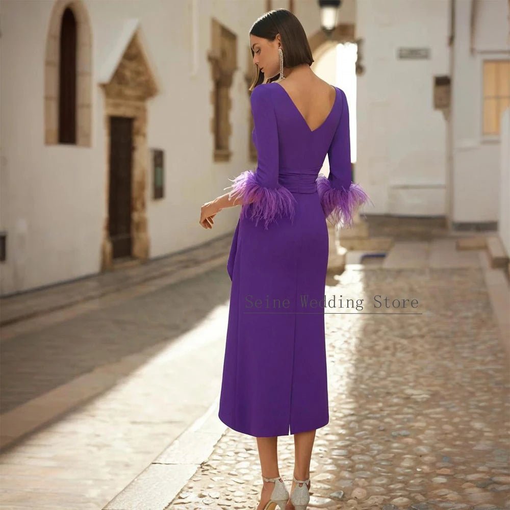 Customized Wedding Guest Dress Purple Feather 3/4 Sleeves Ruffle Column Mother of the Bride Dress Midi Scoop Cocktail Party Gown - Luzilly Bridal & Apparel