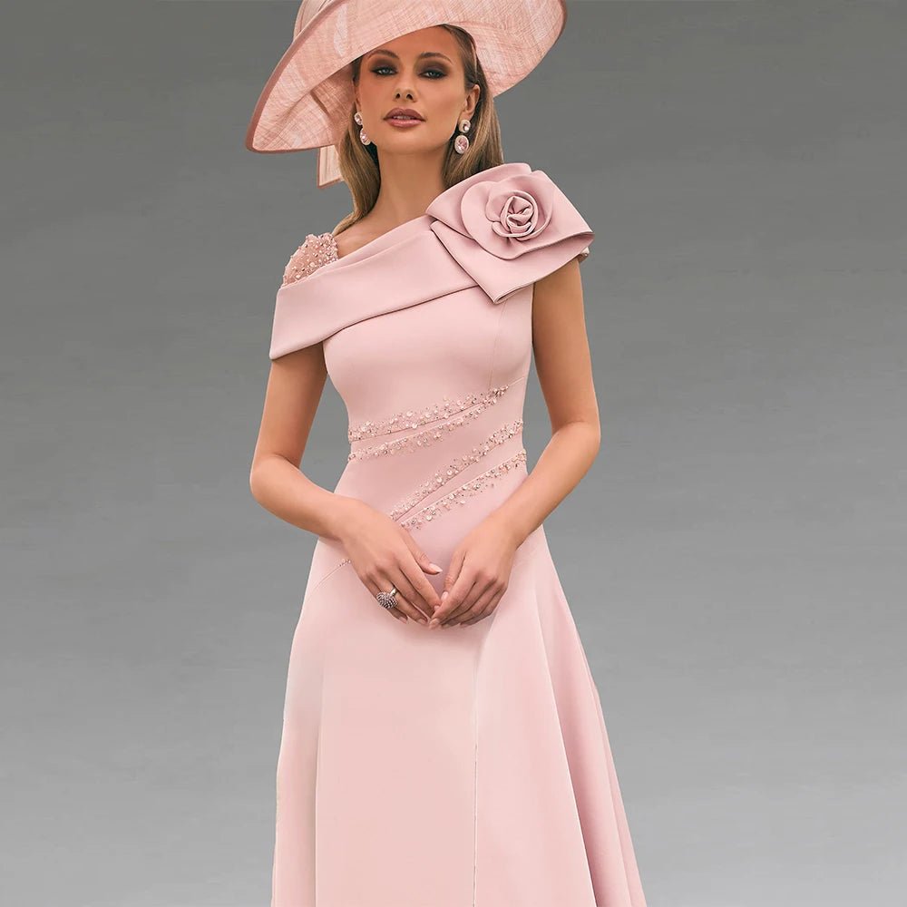 Customized Wedding Guest Dresses Asymmetrical Beading A Line Mother of the Bride Dress High Low 3D Flower Formal Party Gown Midi - Luzilly Bridal & Apparel
