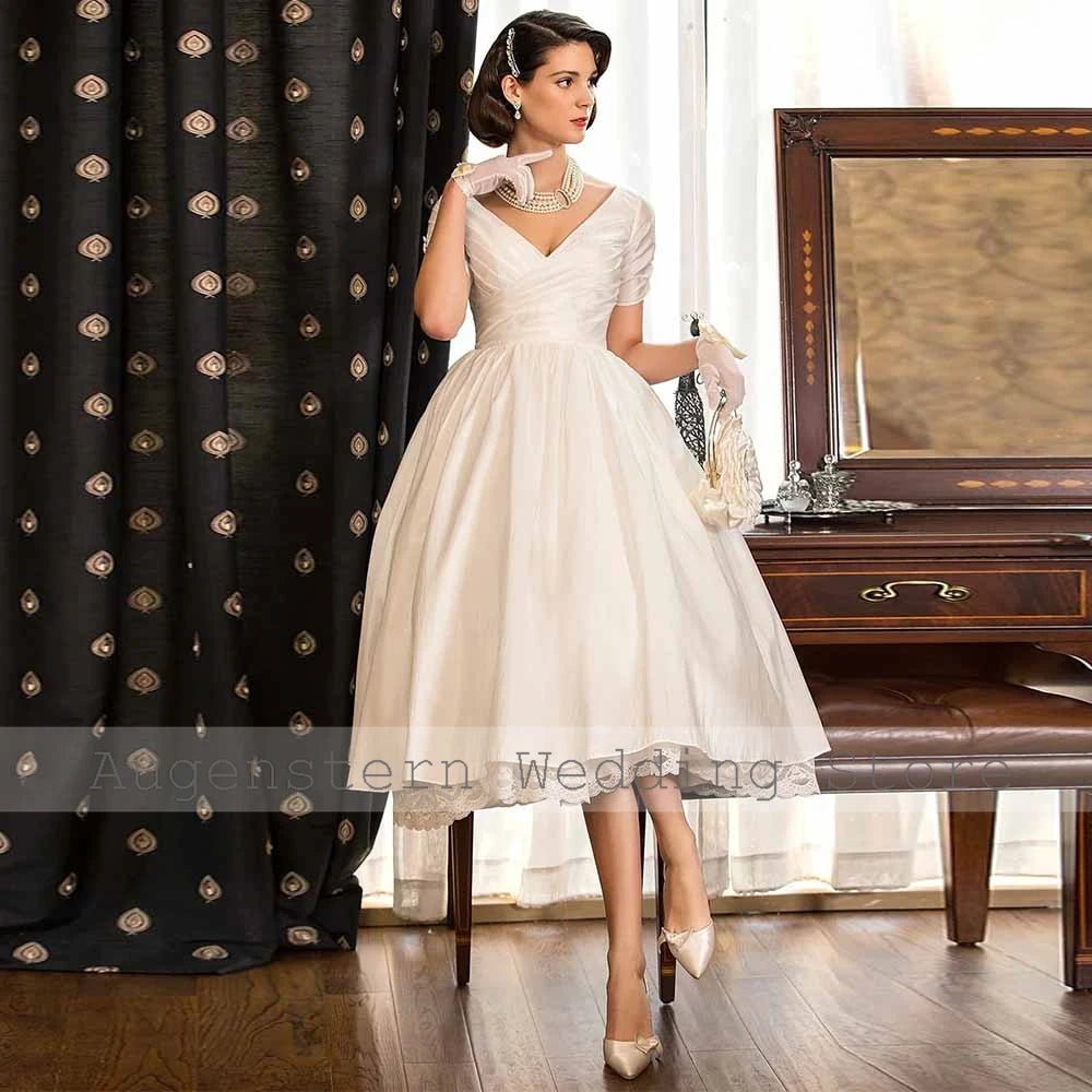 Customized Wedding Party Dresses Satin A-line Bridal Gown Ivory V-neck Pleat Ruched Lace Fairy Garden Wedding Dress Midi - Luzilly Bridal & Apparel