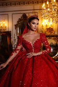 Customzied Dubai Gorgeous Lace Red Wedding Dresses Sparkly Marriage Arabic Bridal Gowns Long Sleeves Vestido De Novia - Luzilly Bridal & Apparel