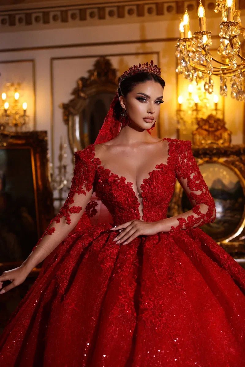 Customzied Dubai Gorgeous Lace Red Wedding Dresses Sparkly Marriage Arabic Bridal Gowns Long Sleeves Vestido De Novia - Luzilly Bridal & Apparel