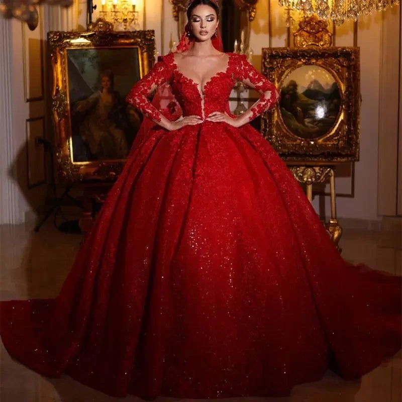 Customzied Dubai Gorgeous Lace Red Wedding Dresses Sparkly Marriage Arabic Bridal Gowns Long Sleeves Vestido De Novia - Luzilly Bridal & Apparel