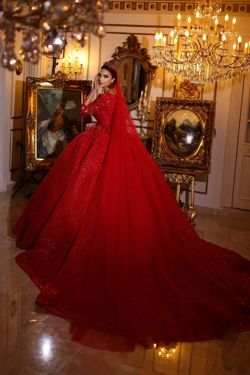 Customzied Dubai Gorgeous Lace Red Wedding Dresses Sparkly Marriage Arabic Bridal Gowns Long Sleeves Vestido De Novia - Luzilly Bridal & Apparel