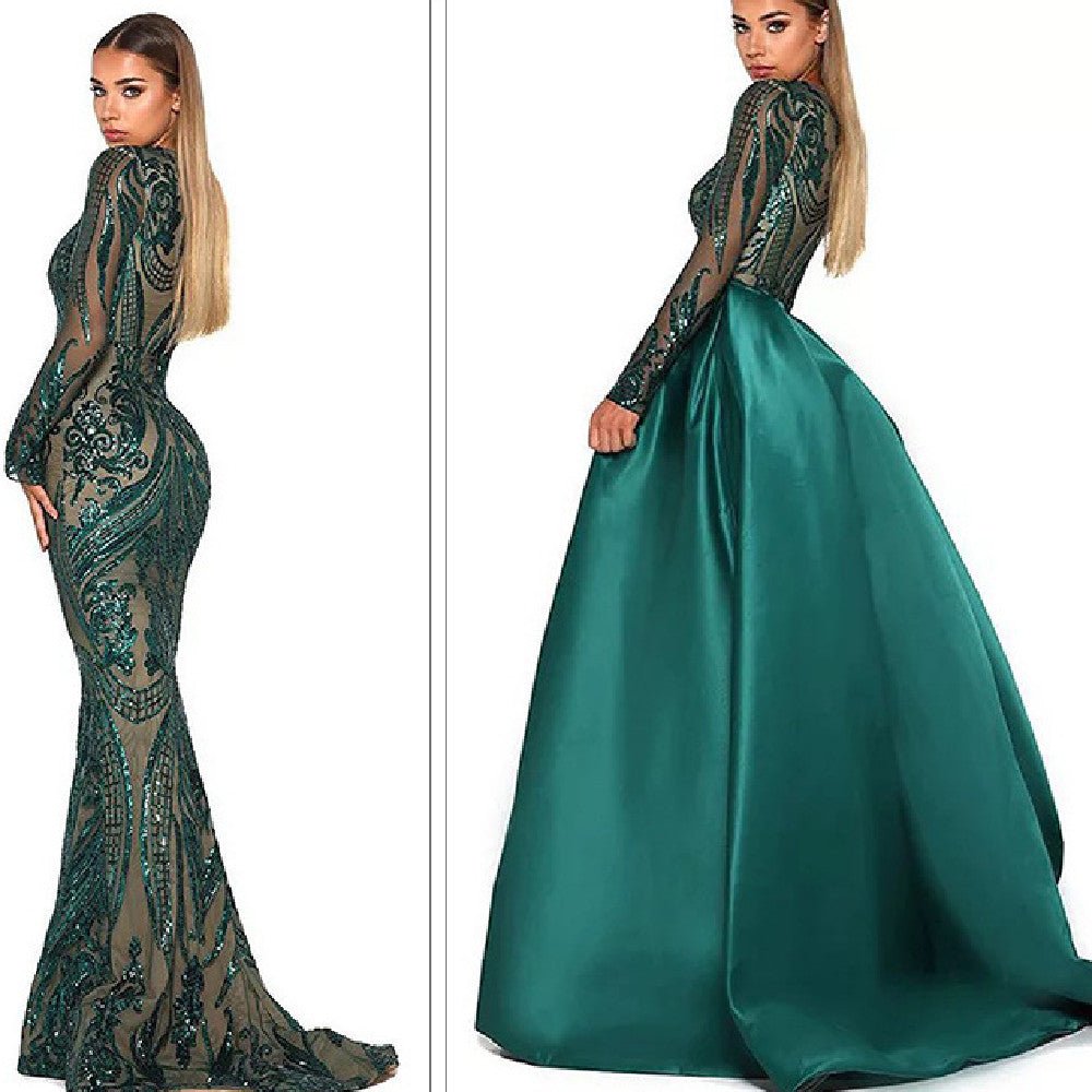 Dark Green Lace and Satin Evening Gown - Luzilly Bridal & Apparel