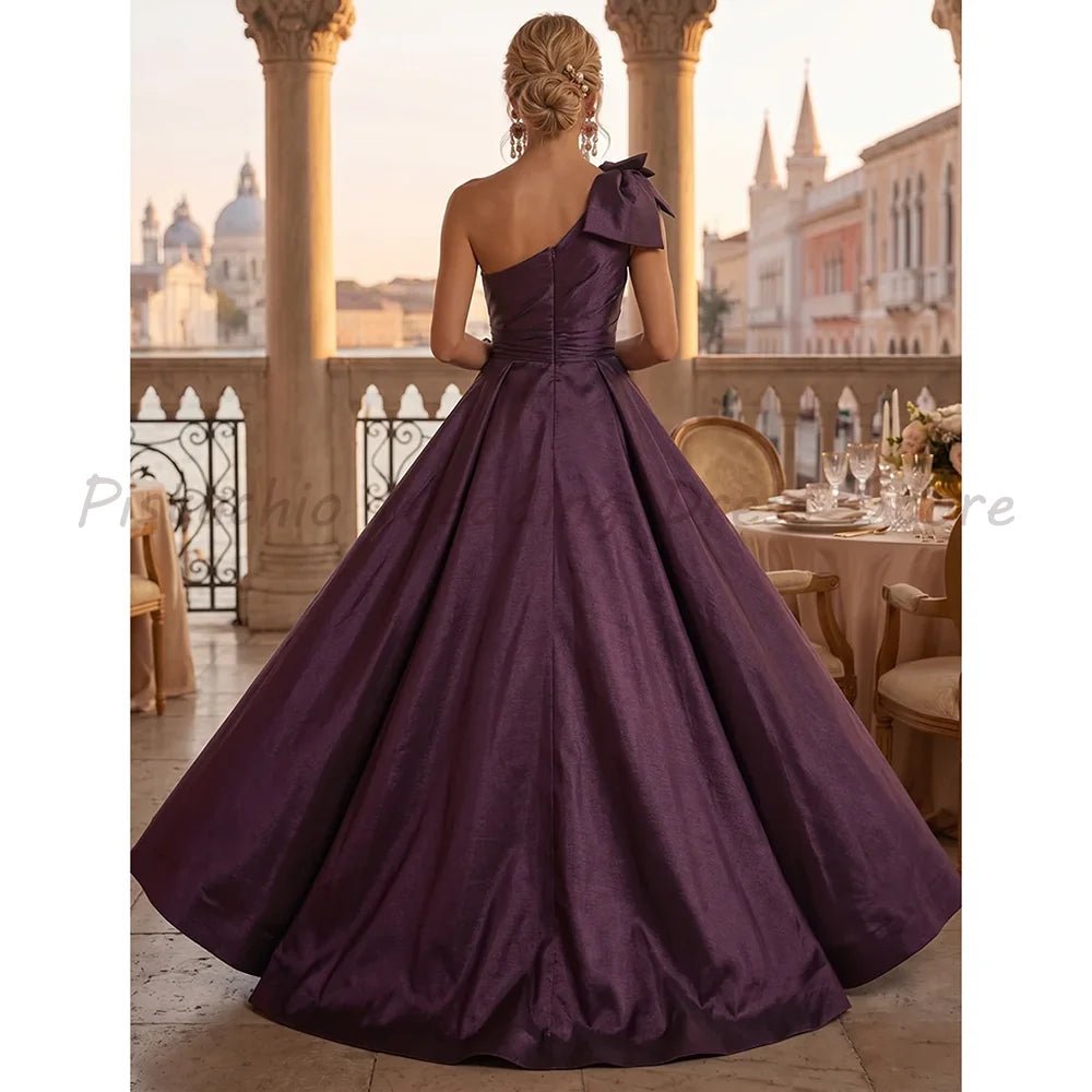 Dark Purple A Line Prom Dress One Shoulder Bow Ruched Waist High Slit Taffeta Train Wedding Guest Evening Gown - Luzilly Bridal & Apparel
