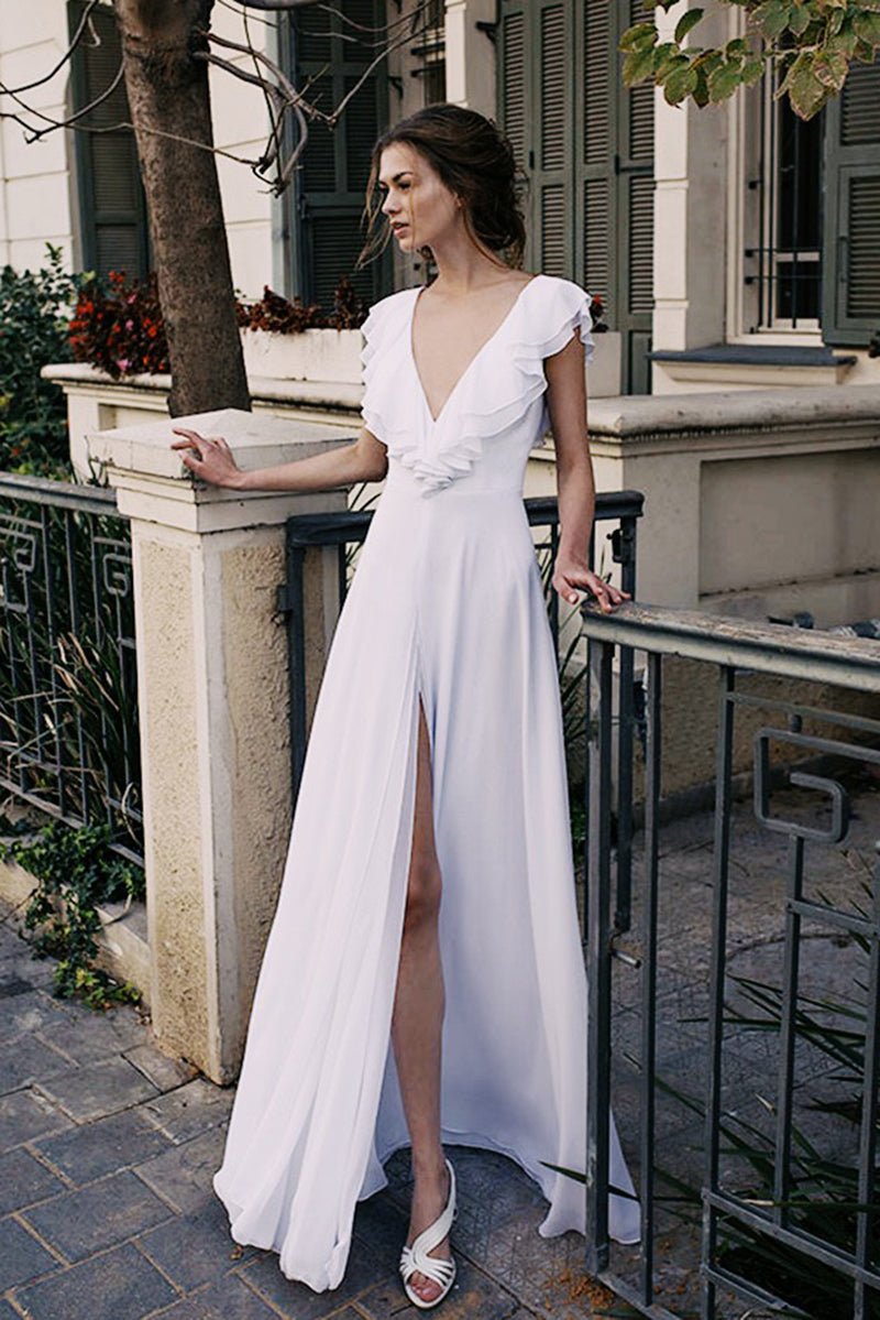 Deep V-Neck Backless Chiffon Wedding Dress - Luzilly Bridal & Apparel