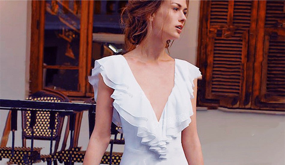 Deep V-Neck Backless Chiffon Wedding Dress - Luzilly Bridal & Apparel
