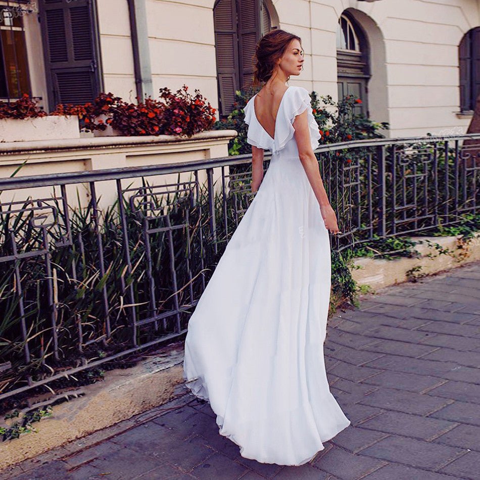 Deep V-Neck Backless Chiffon Wedding Dress - Luzilly Bridal & Apparel