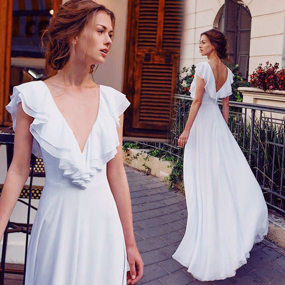 Deep V-Neck Backless Chiffon Wedding Dress - Luzilly Bridal & Apparel