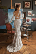 Deep V-Neck Lace Backless Boho Mermaid Wedding Gown - Luzilly Bridal & Apparel
