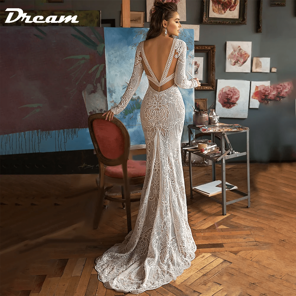 Deep V-Neck Lace Backless Boho Mermaid Wedding Gown - Luzilly Bridal & Apparel