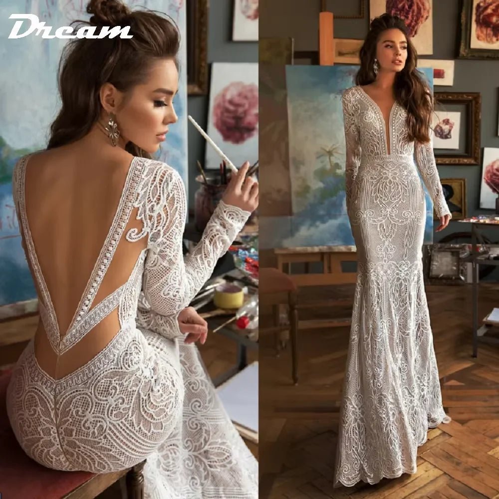 Deep V-Neck Lace Backless Boho Mermaid Wedding Gown - Luzilly Bridal & Apparel