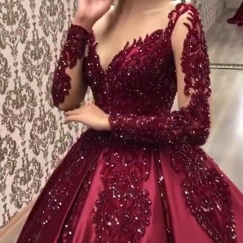 Deep V-Neck Long-Sleeve Evening Gown - Luzilly Bridal & Apparel