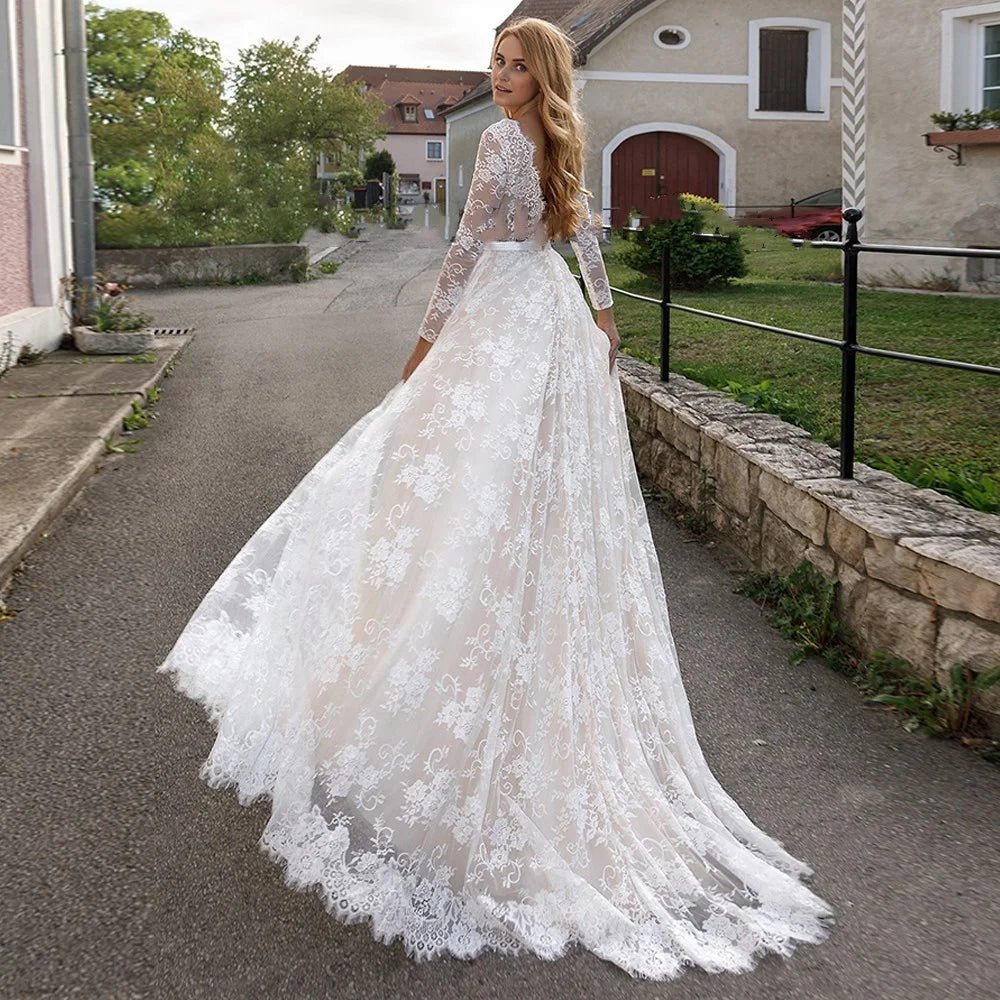 Deep V-Neck Long-Sleeve Lace Bohemian Beach Wedding Dress - Luzilly Bridal & Apparel