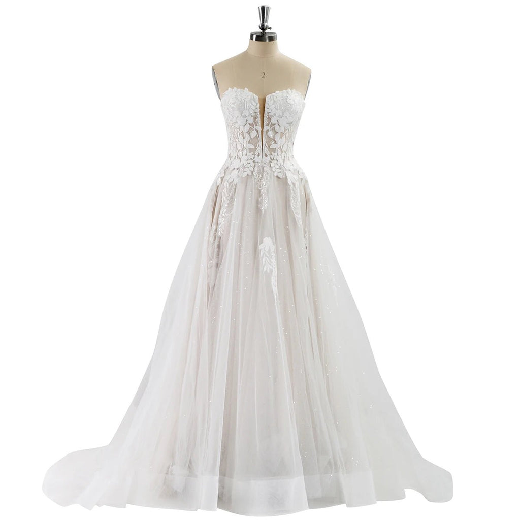 Deep V-Neck Sparkly Lace A-Line Wedding Dress - Luzilly Bridal & Apparel