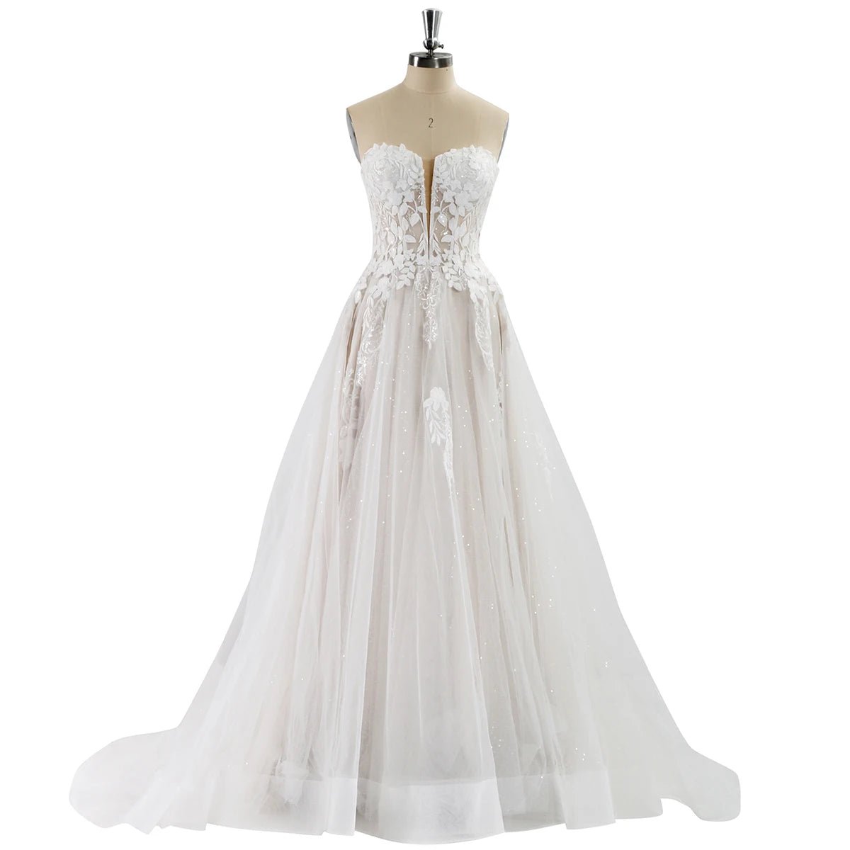 Deep V-Neck Sparkly Lace A-Line Wedding Dress - Luzilly Bridal & Apparel