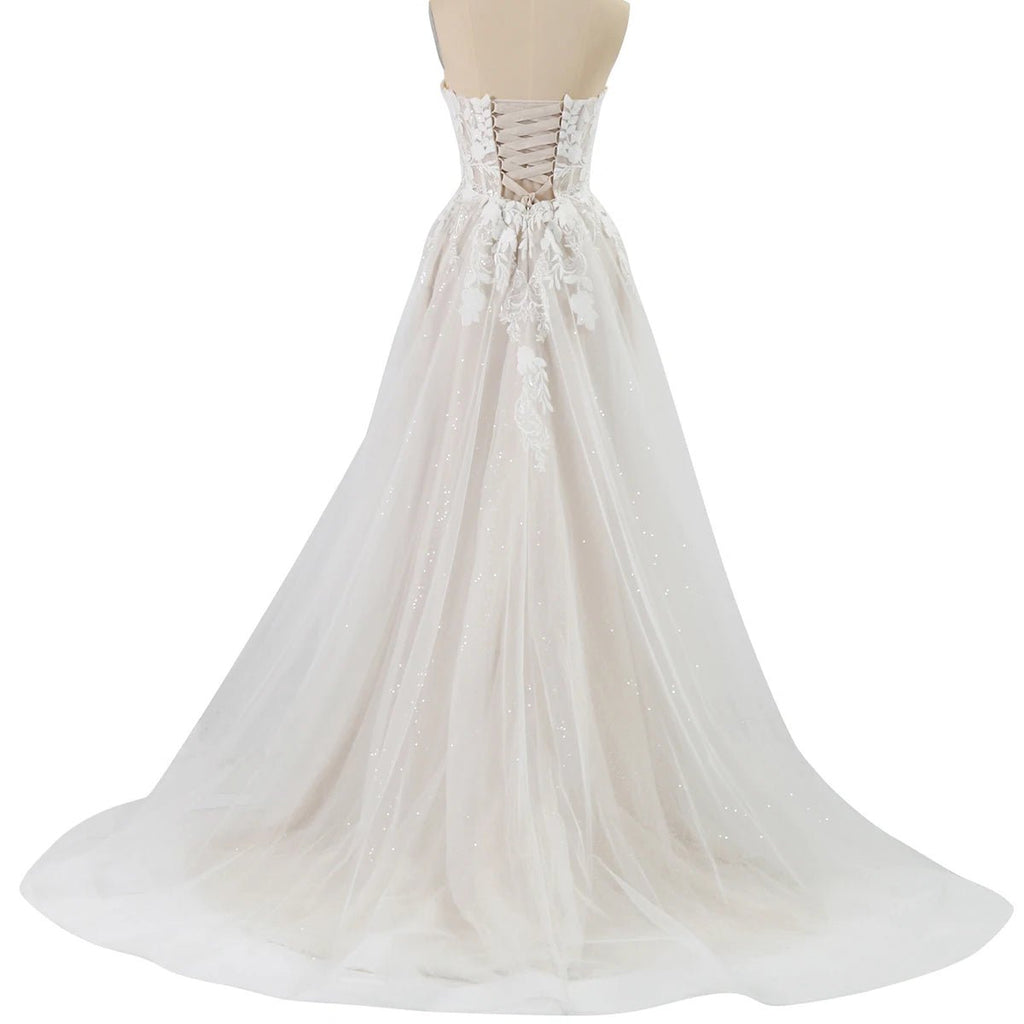 Deep V-Neck Sparkly Lace A-Line Wedding Dress - Luzilly Bridal & Apparel