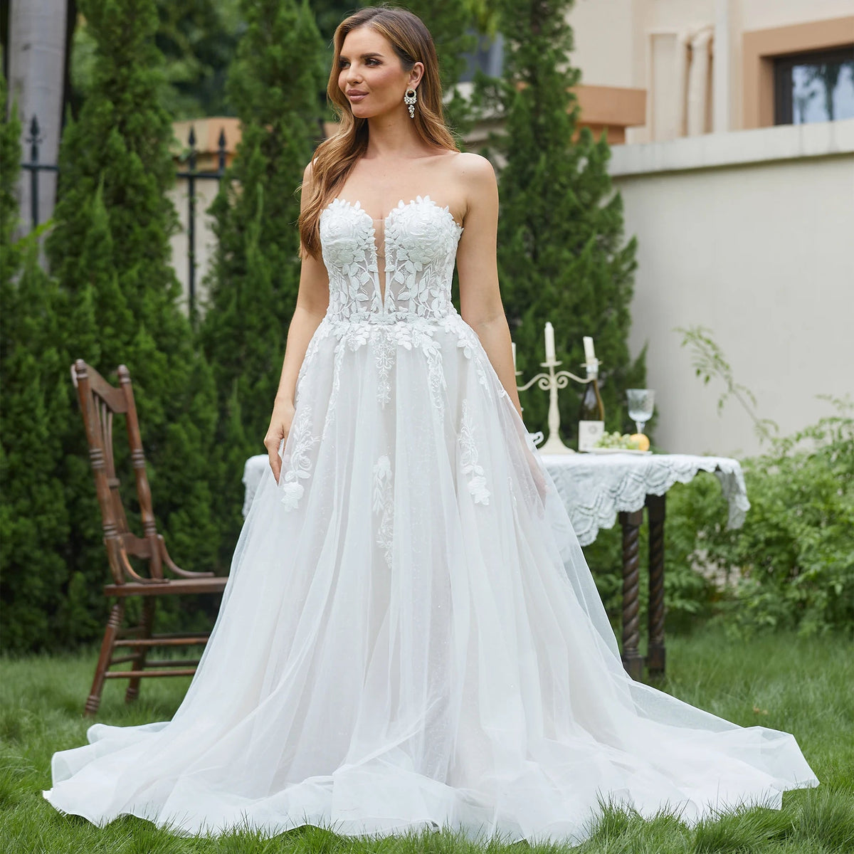 Deep V-Neck Sparkly Lace A-Line Wedding Dress - Luzilly Bridal & Apparel