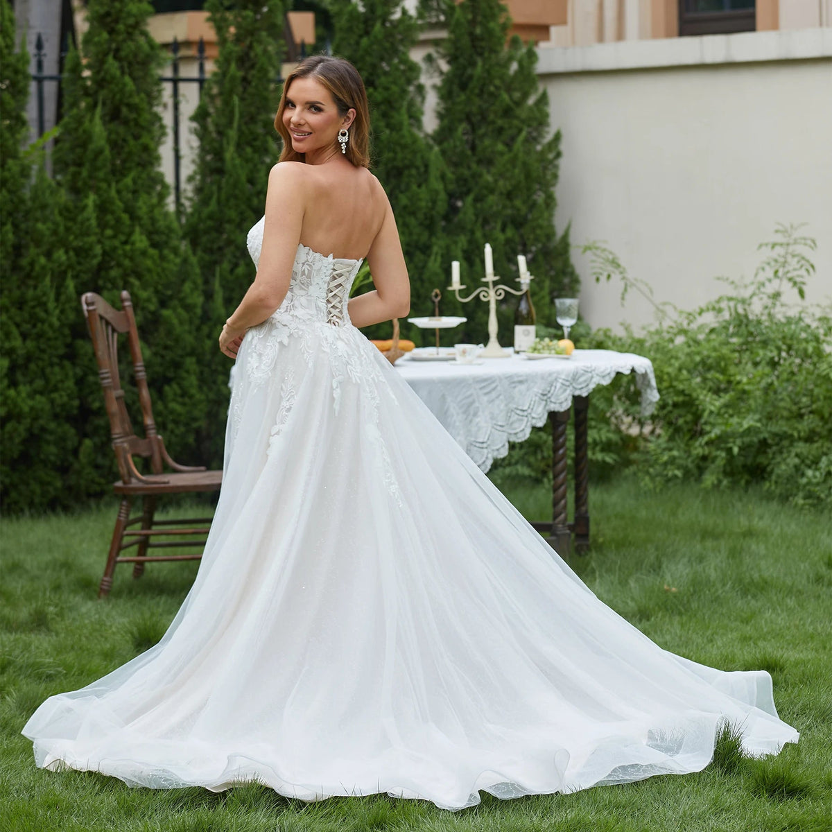 Deep V-Neck Sparkly Lace A-Line Wedding Dress - Luzilly Bridal & Apparel