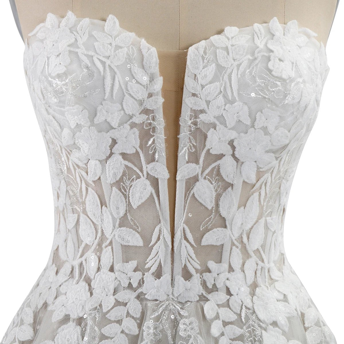 Deep V-Neck Sparkly Lace A-Line Wedding Dress - Luzilly Bridal & Apparel