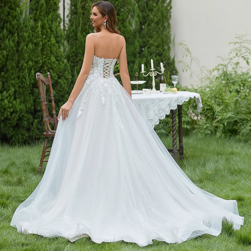 Deep V-Neck Sparkly Lace A-Line Wedding Dress - Luzilly Bridal & Apparel