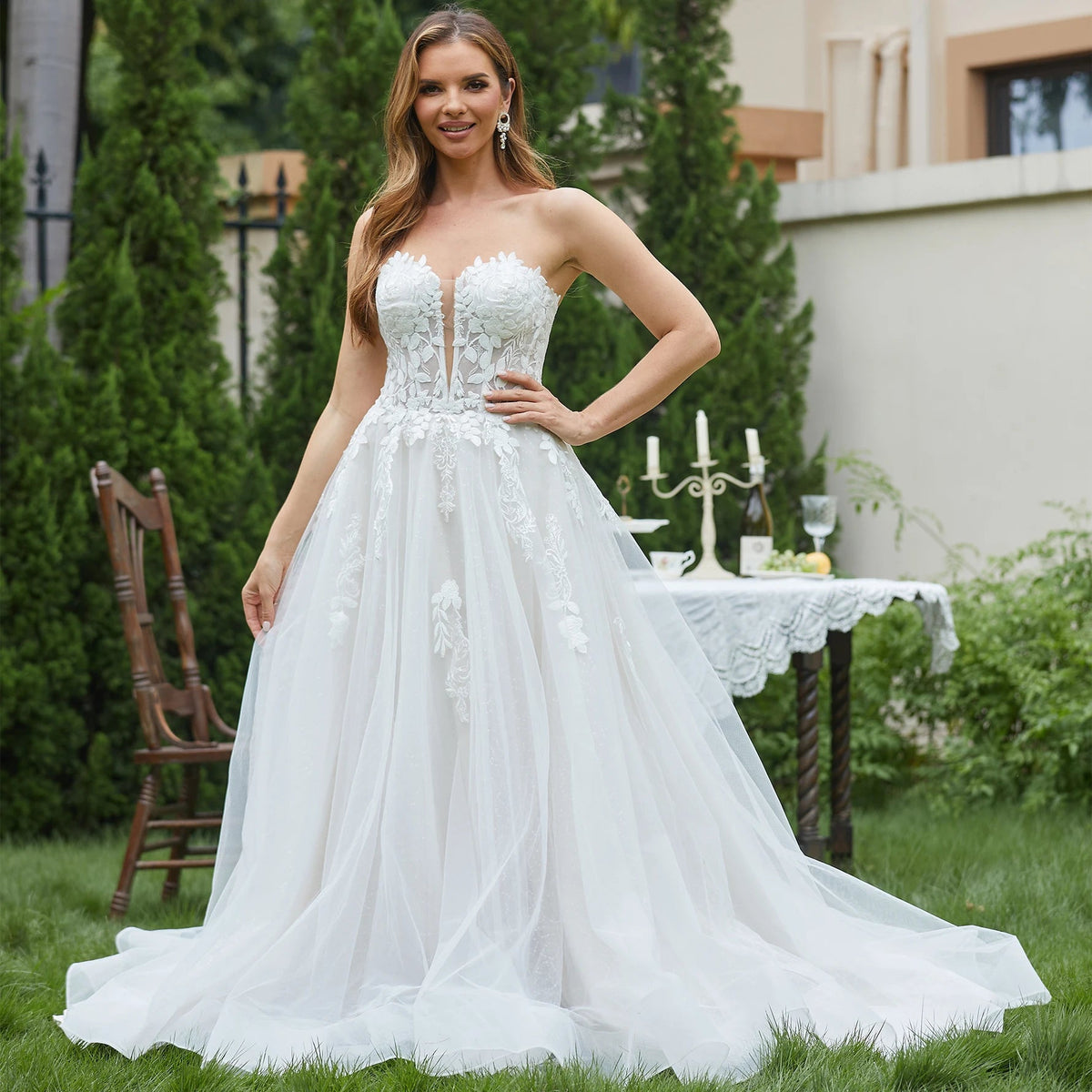 Deep V-Neck Sparkly Lace A-Line Wedding Dress - Luzilly Bridal & Apparel