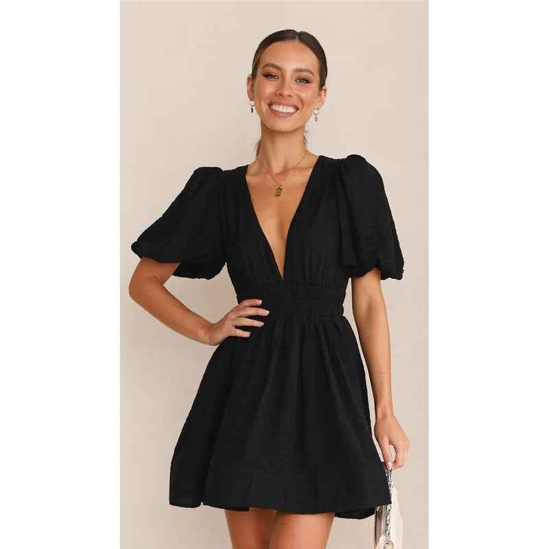 Deep v Waist Skinny Pleated Bubble Sleeve Dress Lantern Sleeve Bridesmaid - Luzilly Bridal & Apparel