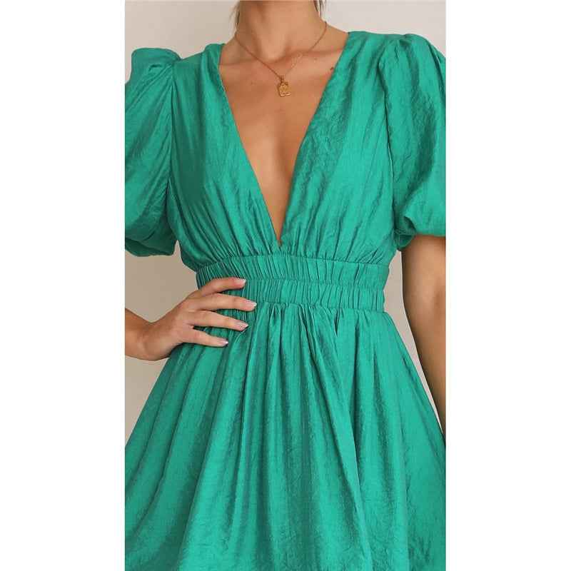 Deep v Waist Skinny Pleated Bubble Sleeve Dress Lantern Sleeve Bridesmaid - Luzilly Bridal & Apparel
