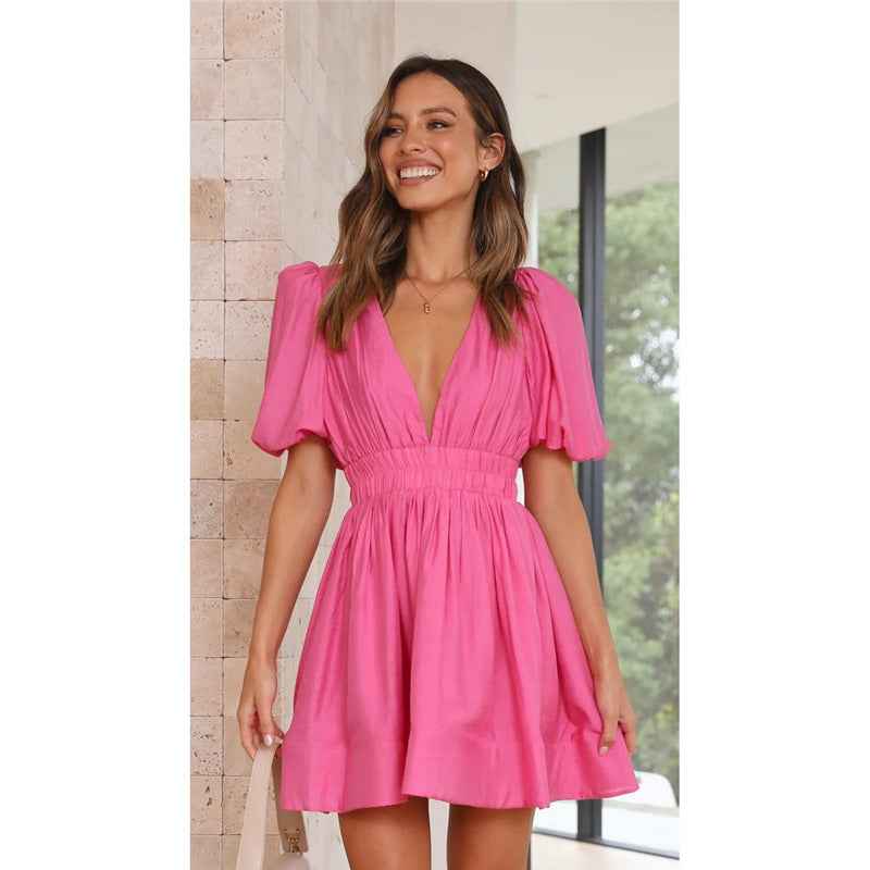 Deep v Waist Skinny Pleated Bubble Sleeve Dress Lantern Sleeve Bridesmaid - Luzilly Bridal & Apparel