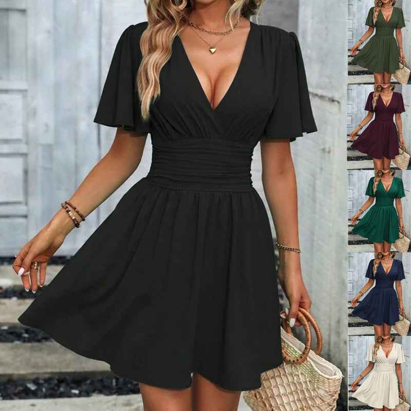 Deep v Waist Skinny Pleated Bubble Sleeve Dress Lantern Sleeve Bridesmaid - Luzilly Bridal & Apparel