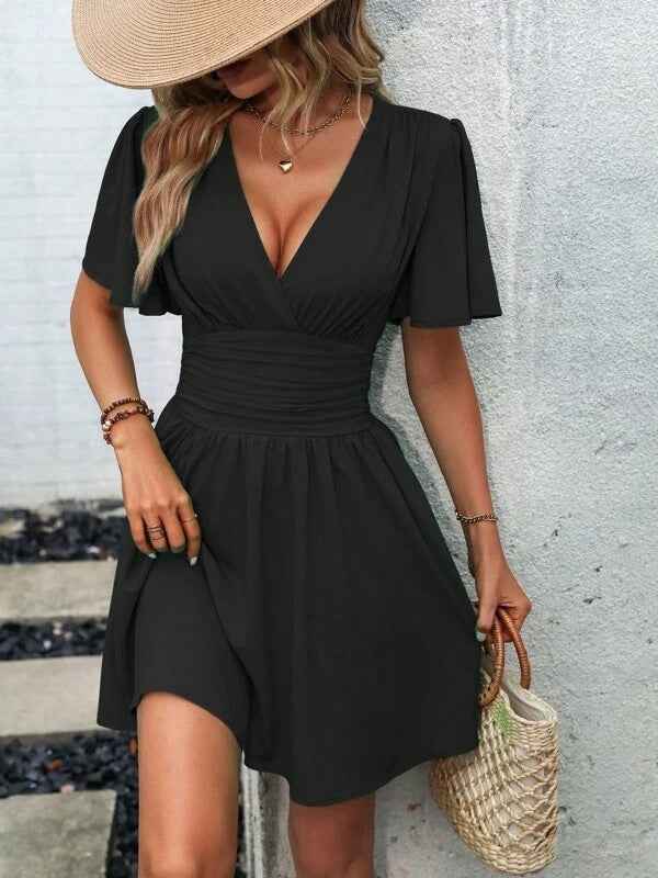 Deep v Waist Skinny Pleated Bubble Sleeve Dress Lantern Sleeve Bridesmaid - Luzilly Bridal & Apparel