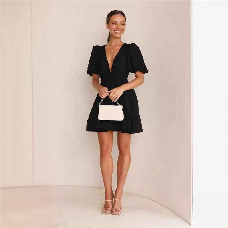Deep v Waist Skinny Pleated Bubble Sleeve Dress Lantern Sleeve Bridesmaid - Luzilly Bridal & Apparel