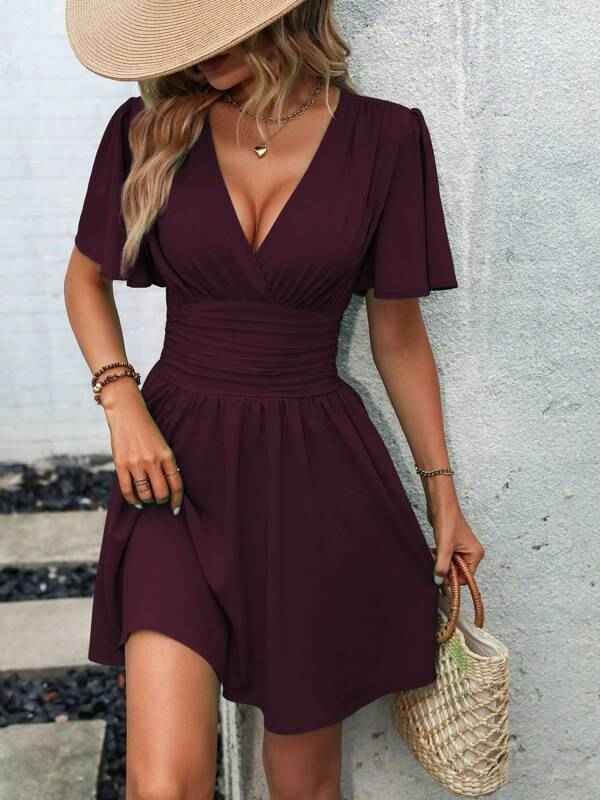 Deep v Waist Skinny Pleated Bubble Sleeve Dress Lantern Sleeve Bridesmaid - Luzilly Bridal & Apparel