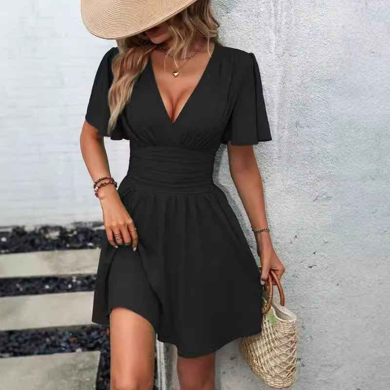 Deep v Waist Skinny Pleated Bubble Sleeve Dress Lantern Sleeve Bridesmaid - Luzilly Bridal & Apparel