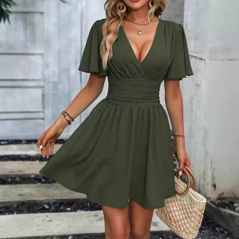 Deep v Waist Skinny Pleated Bubble Sleeve Dress Lantern Sleeve Bridesmaid - Luzilly Bridal & Apparel