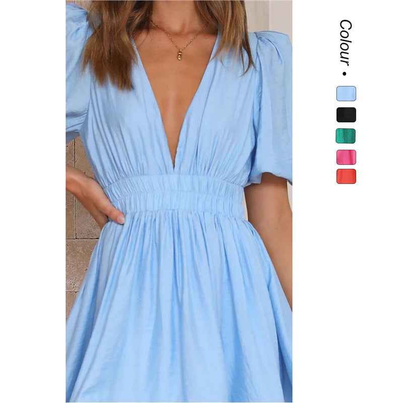 Deep v Waist Skinny Pleated Bubble Sleeve Dress Lantern Sleeve Bridesmaid - Luzilly Bridal & Apparel