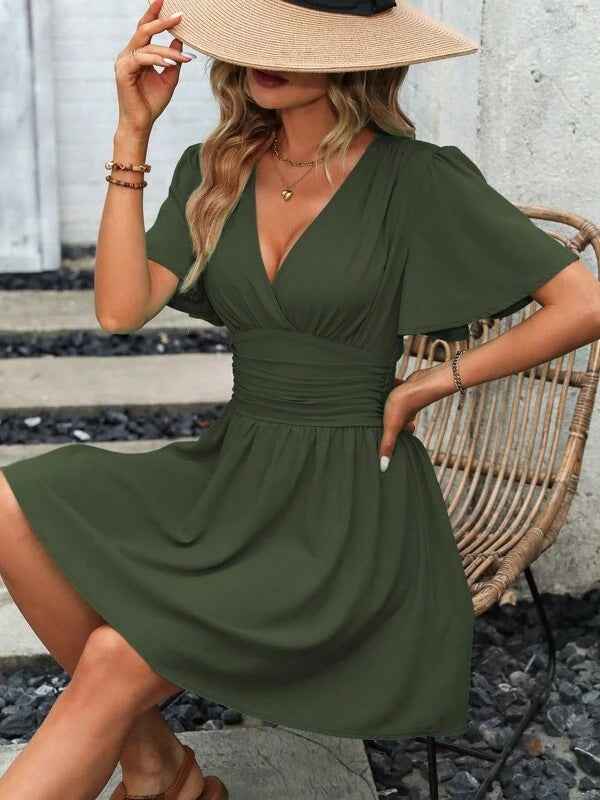 Deep v Waist Skinny Pleated Bubble Sleeve Dress Lantern Sleeve Bridesmaid - Luzilly Bridal & Apparel