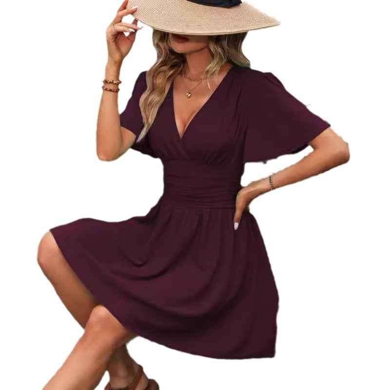 Deep v Waist Skinny Pleated Bubble Sleeve Dress Lantern Sleeve Bridesmaid - Luzilly Bridal & Apparel