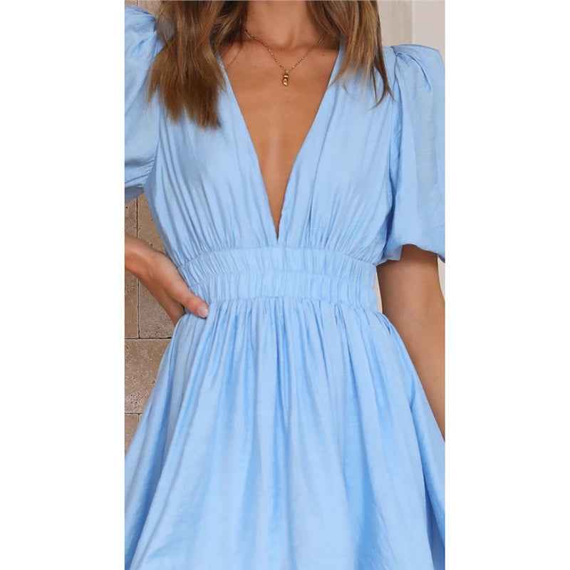Deep v Waist Skinny Pleated Bubble Sleeve Dress Lantern Sleeve Bridesmaid - Luzilly Bridal & Apparel