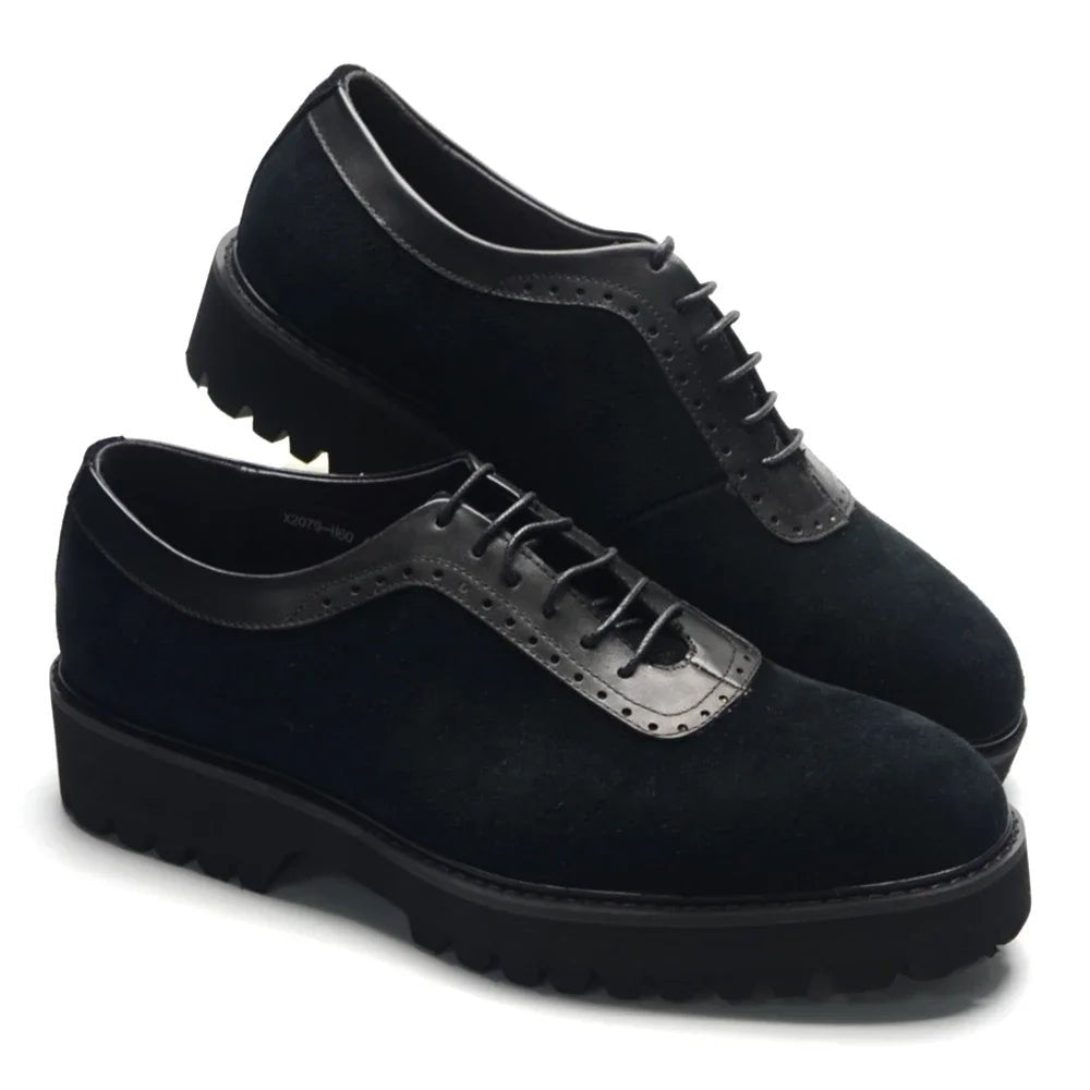 Designer Luxury Platform Oxfords for Men | Cow Suede Genuine Leather Black & Blue Casual Shoe (Height Increasing) - Luzilly Bridal & Apparel
