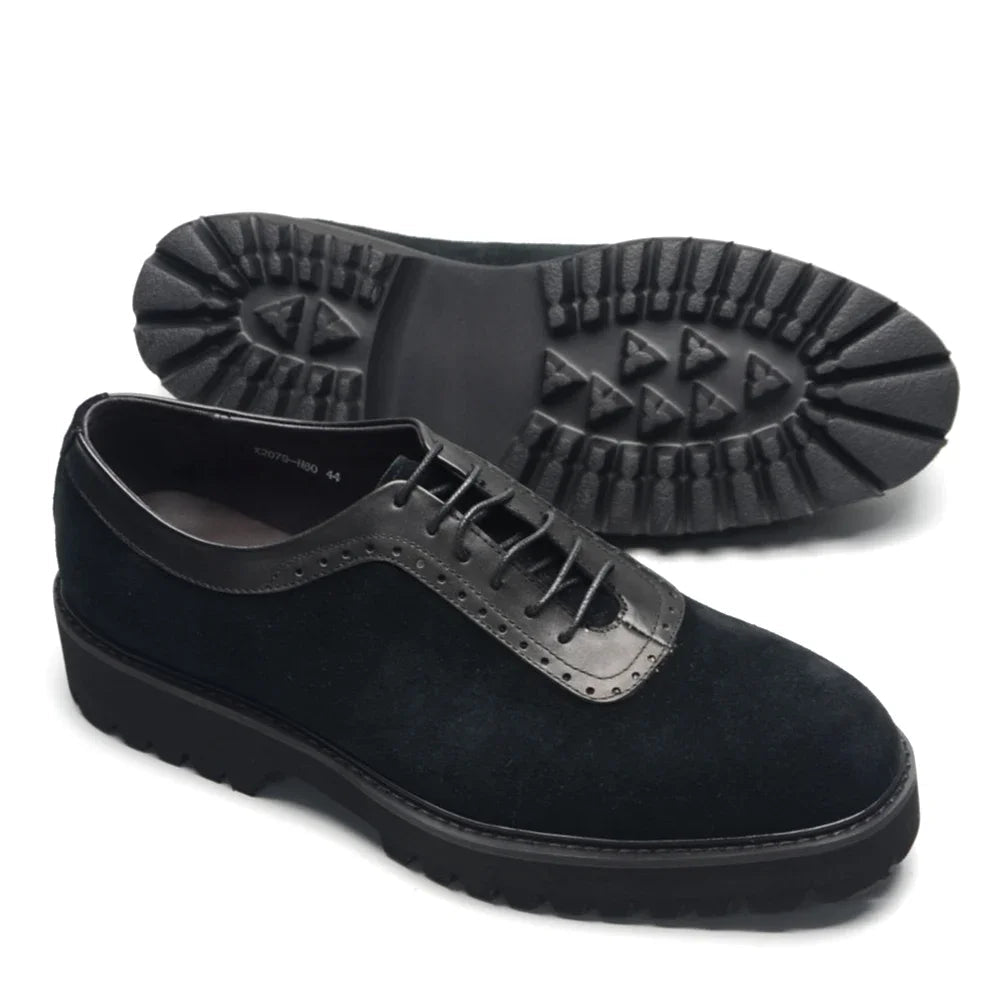Designer Luxury Platform Oxfords for Men | Cow Suede Genuine Leather Black & Blue Casual Shoe (Height Increasing) - Luzilly Bridal & Apparel