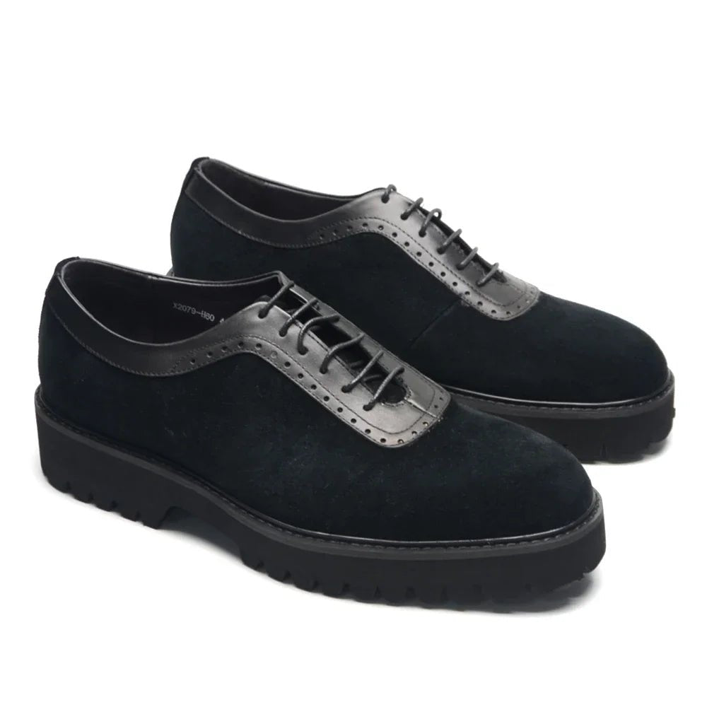 Designer Luxury Platform Oxfords for Men | Cow Suede Genuine Leather Black & Blue Casual Shoe (Height Increasing) - Luzilly Bridal & Apparel