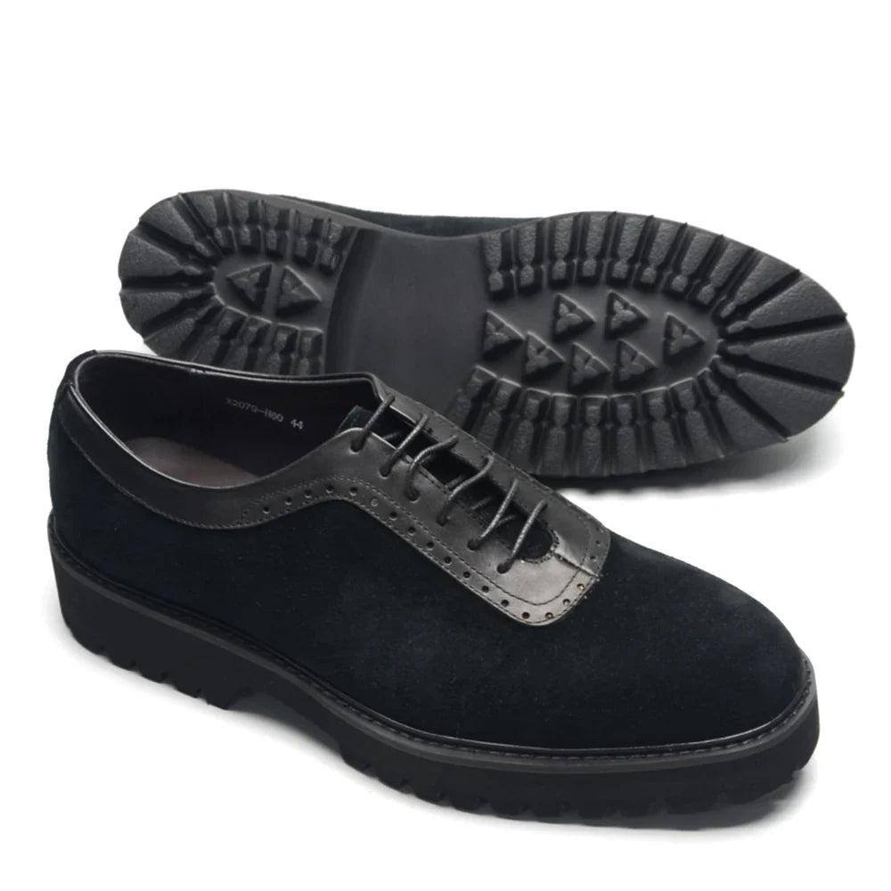 Designer Luxury Platform Oxfords for Men | Cow Suede Genuine Leather Black & Blue Casual Shoe (Height Increasing) - Luzilly Bridal & Apparel