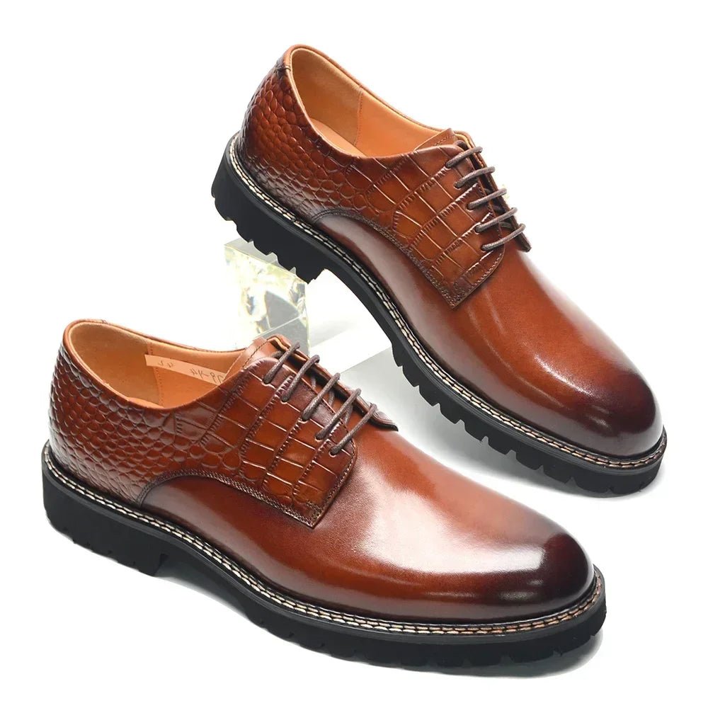 Designer Men's Genuine Leather Casual Derby Shoes | Crocodile Print Business & Social Sneakers (Height Increasing) - Luzilly Bridal & Apparel