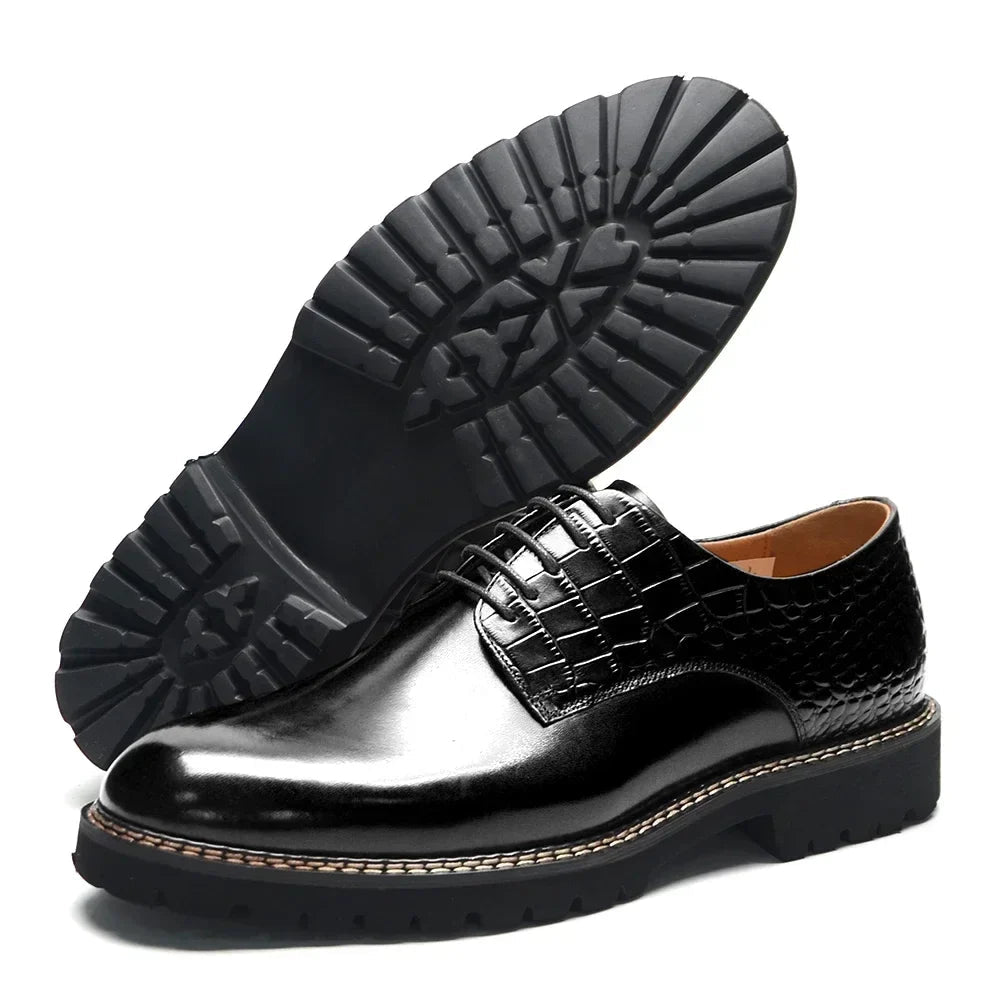 Designer Men's Genuine Leather Casual Derby Shoes | Crocodile Print Business & Social Sneakers (Height Increasing) - Luzilly Bridal & Apparel