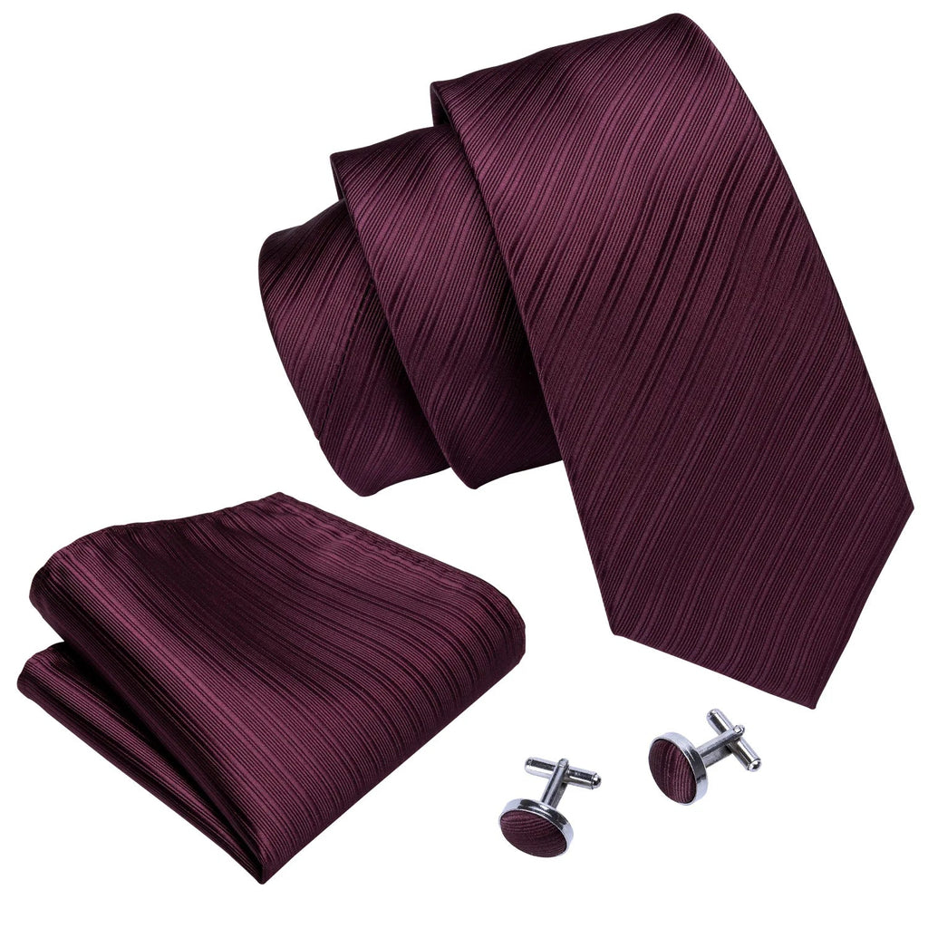 Designer Mens Tie Jacquard Necktie Pocket Square Cufflinks Set Burgundy Striped for Male Men Wedding Busniess Party Ties Gift - Luzilly Bridal & Apparel