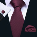 Designer Mens Tie Jacquard Necktie Pocket Square Cufflinks Set Burgundy Striped for Male Men Wedding Busniess Party Ties Gift - Luzilly Bridal & Apparel