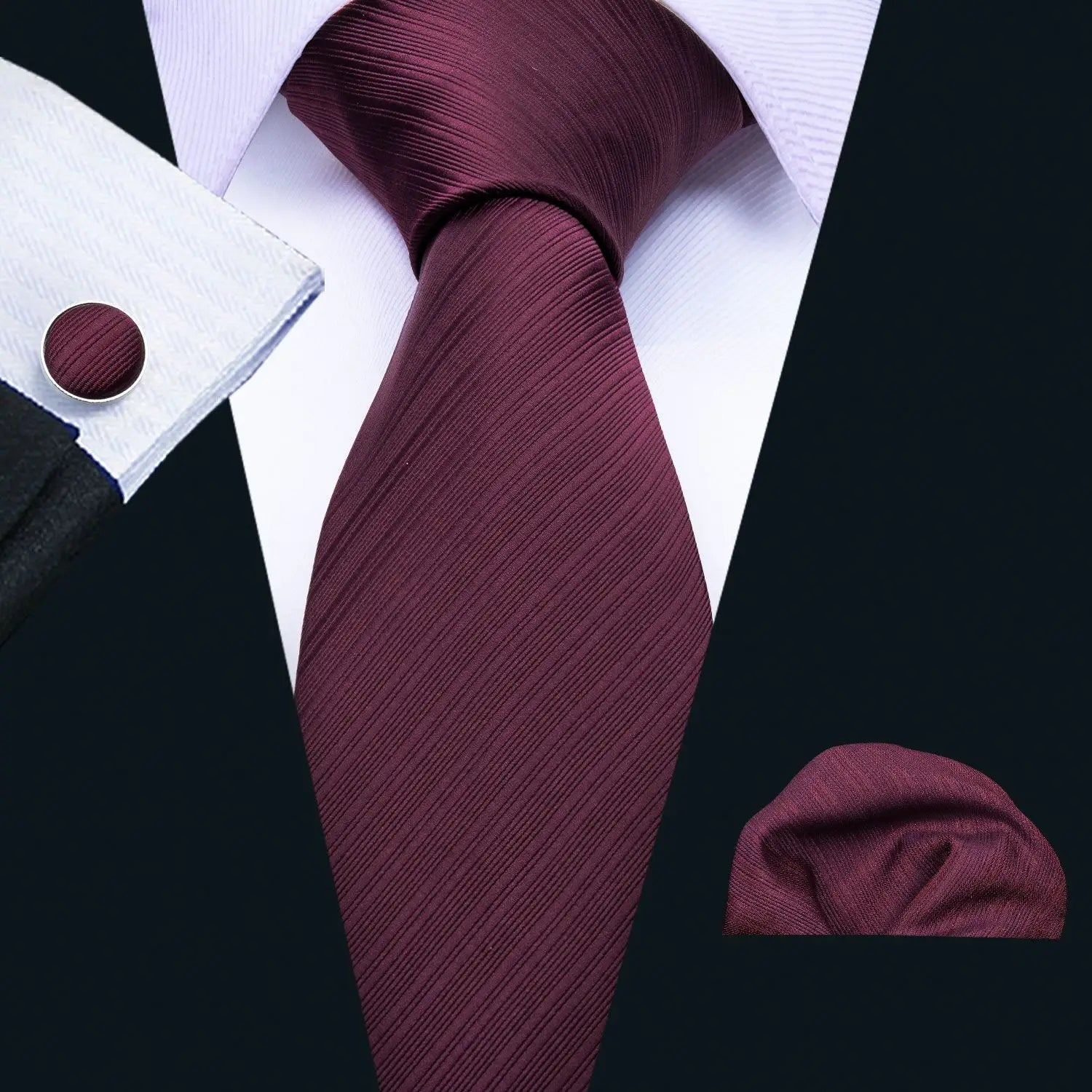 Designer Mens Tie Jacquard Necktie Pocket Square Cufflinks Set Burgundy Striped for Male Men Wedding Busniess Party Ties Gift - Luzilly Bridal & Apparel