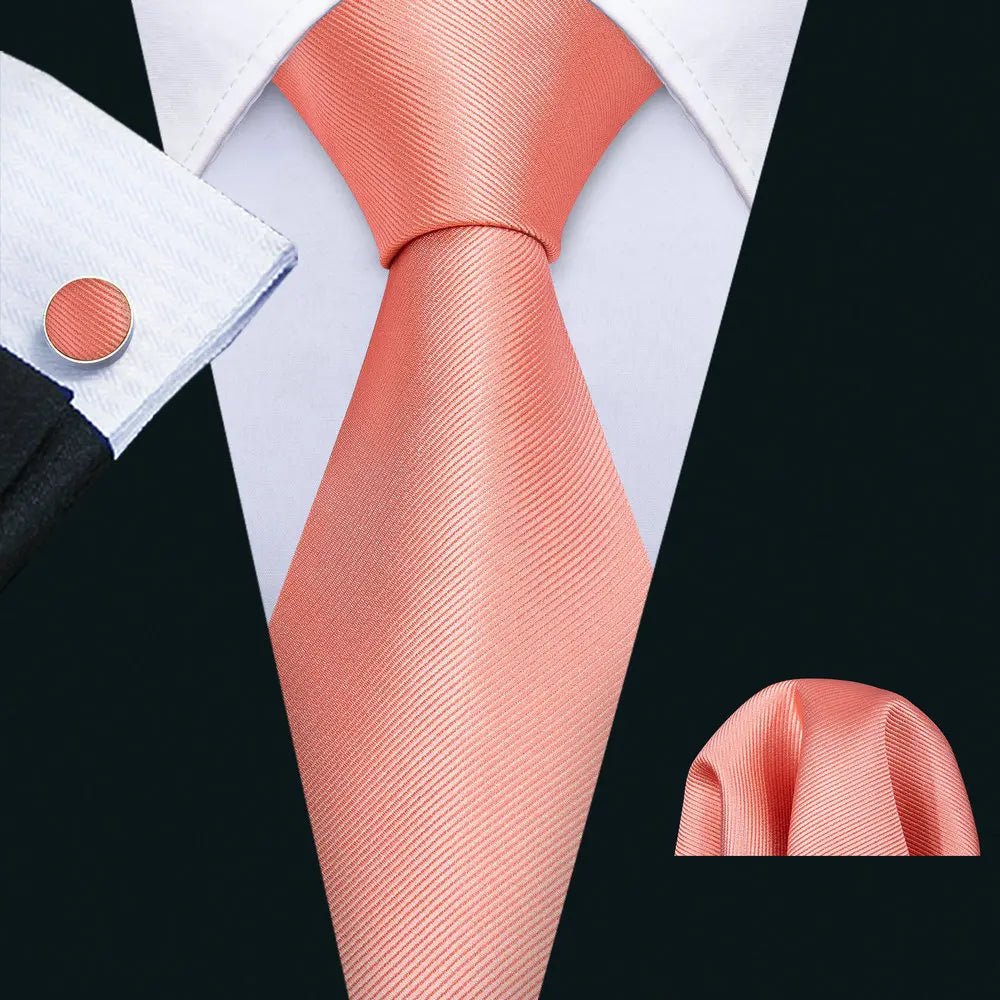 Designer Mens Tie Jacquard Necktie Pocket Square Cufflinks Set Coral Pink Solid for Male Men Wedding Busniess Party Ties Gift - Luzilly Bridal & Apparel