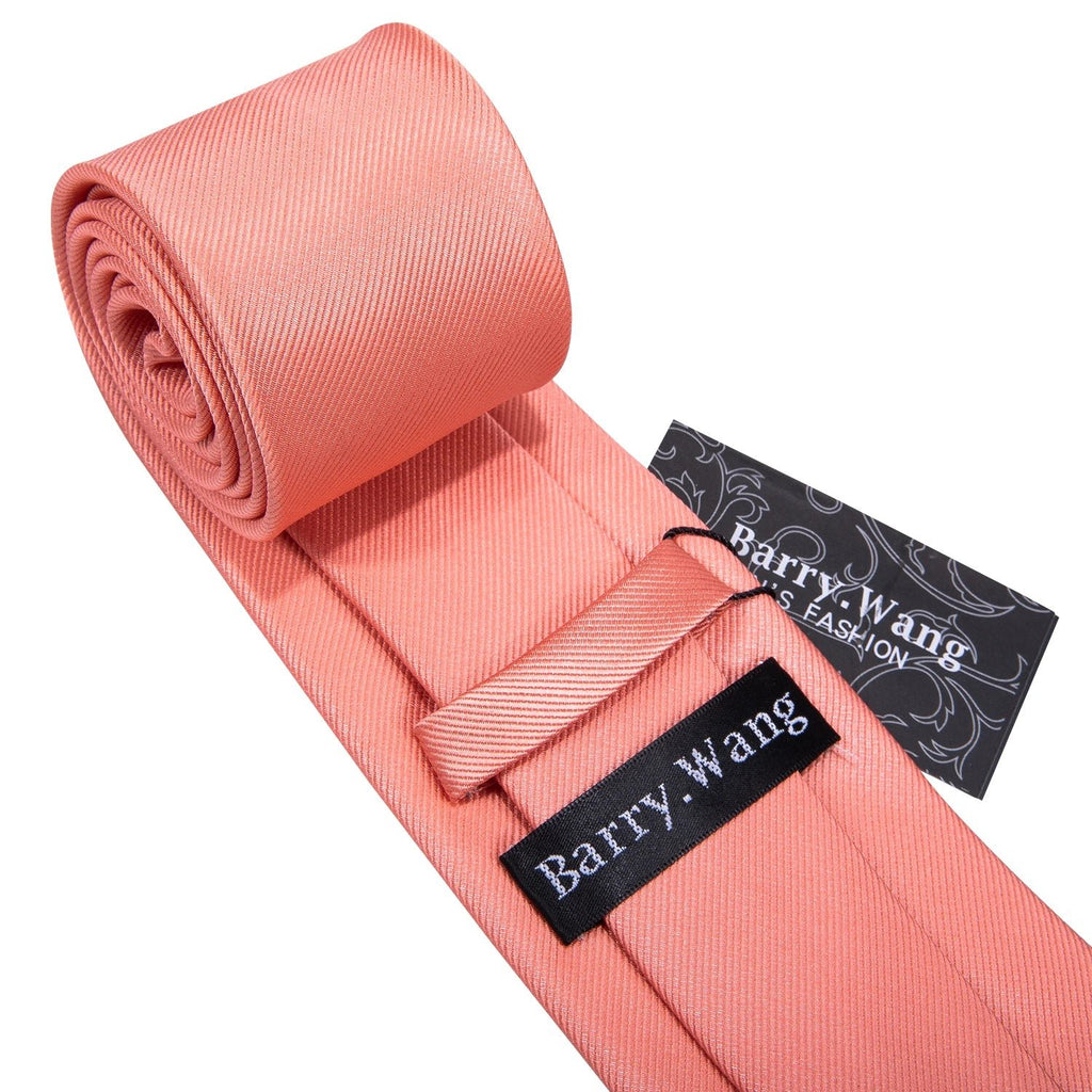 Designer Mens Tie Jacquard Necktie Pocket Square Cufflinks Set Coral Pink Solid for Male Men Wedding Busniess Party Ties Gift - Luzilly Bridal & Apparel
